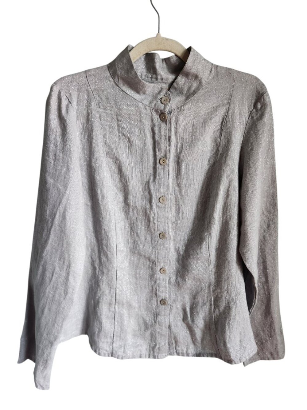 Flax Shirt Small Womens Gray Silver Metallic Button Top Blouse Linen Long Sleeve